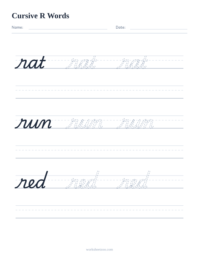 Cursive R words worksheet — trace rat, run, red in cursive