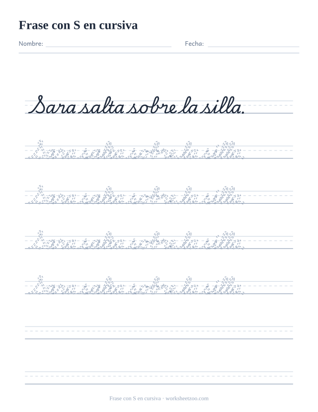 Ficha de frase con la S en cursiva: Sara salta sobre la silla.