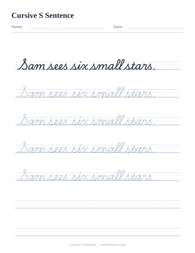 Cursive S sentence worksheet, trace and copy the sentence Sam sees six small stars.