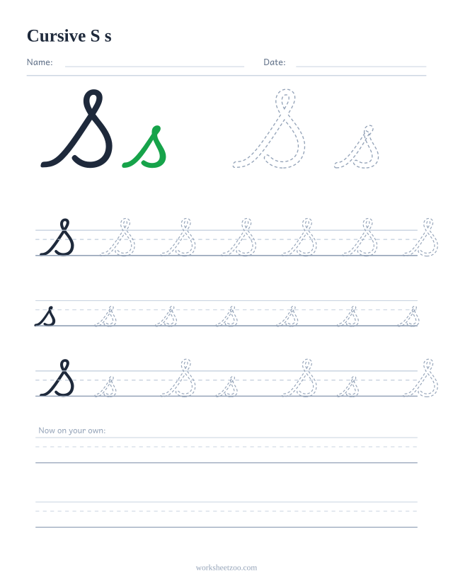 Cursive letter S worksheet — uppercase and lowercase practice on handwriting guides
