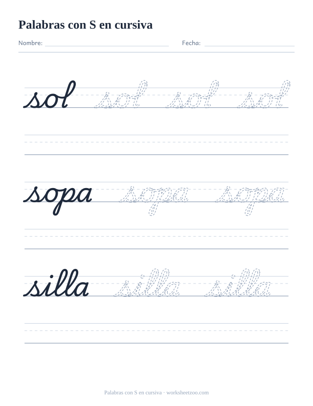 Ficha de palabras con la S en cursiva: sol, sopa, silla