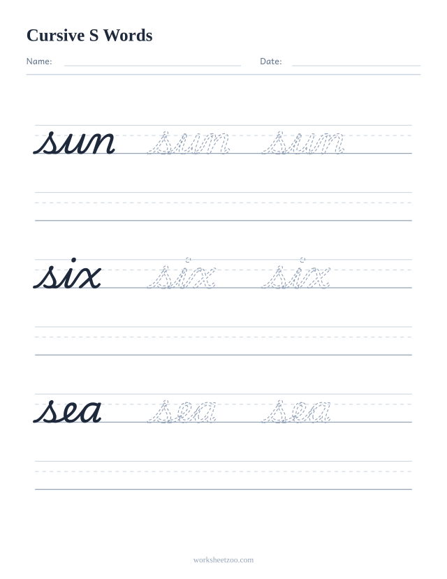Cursive S words worksheet — trace sun, six, sea in cursive