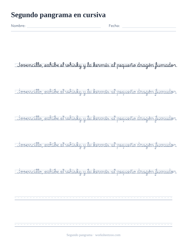 Ficha de un segundo pangrama en cursiva con letras muy variadas para repasar
