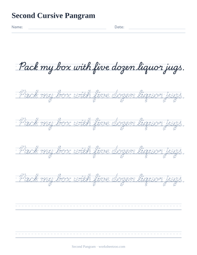 Cursive pangram worksheet, trace a second sentence that uses every letter of the alphabet