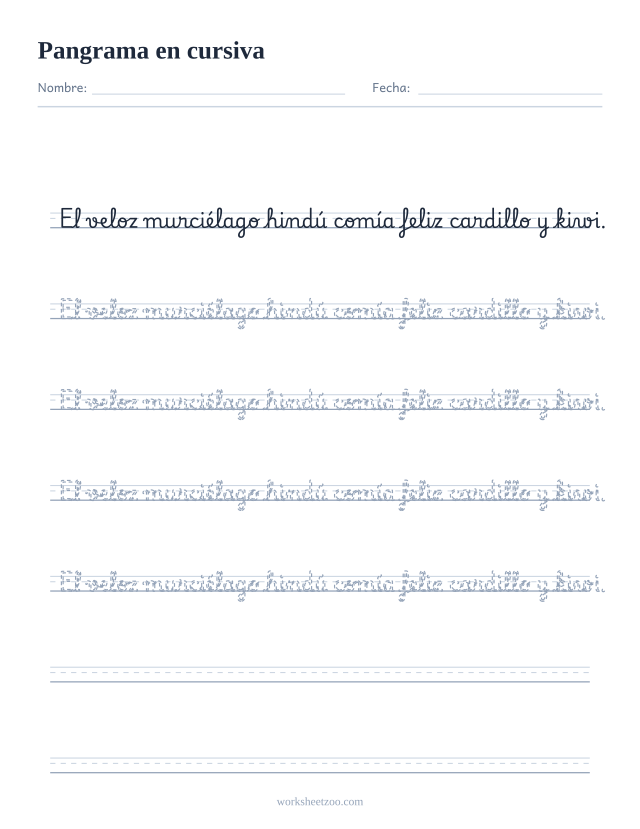 Ficha de pangrama en cursiva: traza la frase del veloz murciélago con letras muy variadas