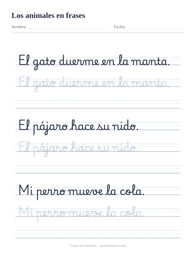 Ficha de frases de animales en cursiva: el gato, el pájaro y el perro