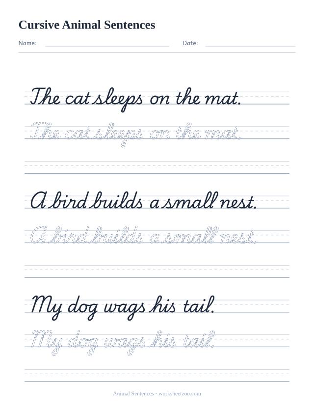 Cursive animal sentences worksheet, trace three sentences about a cat, a bird and a dog