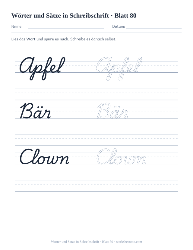Vorschau: Wörter und Sätze in Schreibschrift, druckbares Arbeitsblatt 80