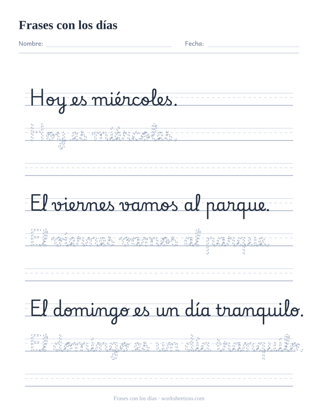 Ficha de frases en cursiva con los días de la semana: miércoles, viernes y domingo