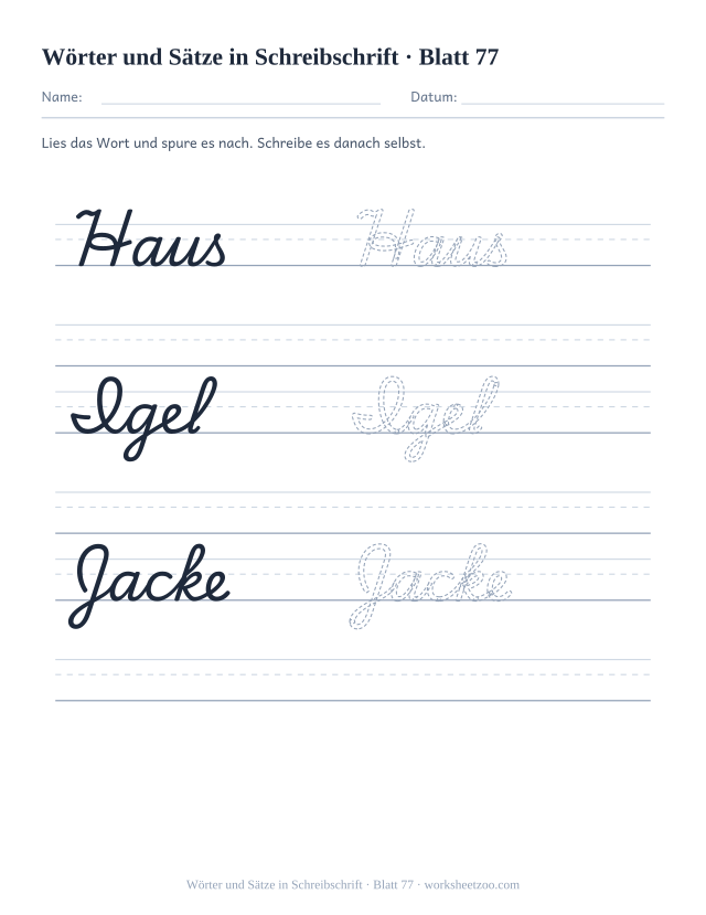 Vorschau: Wörter und Sätze in Schreibschrift, druckbares Arbeitsblatt 77