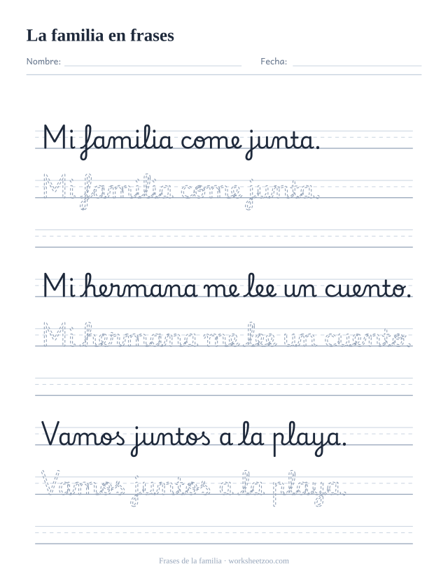 Ficha de frases de la familia en cursiva: comer juntos, leer y salir a pasear