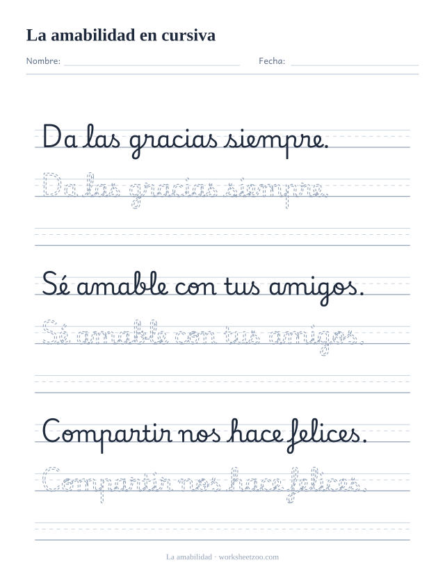 Ficha de frases de amabilidad en cursiva: modales, amistad y compartir