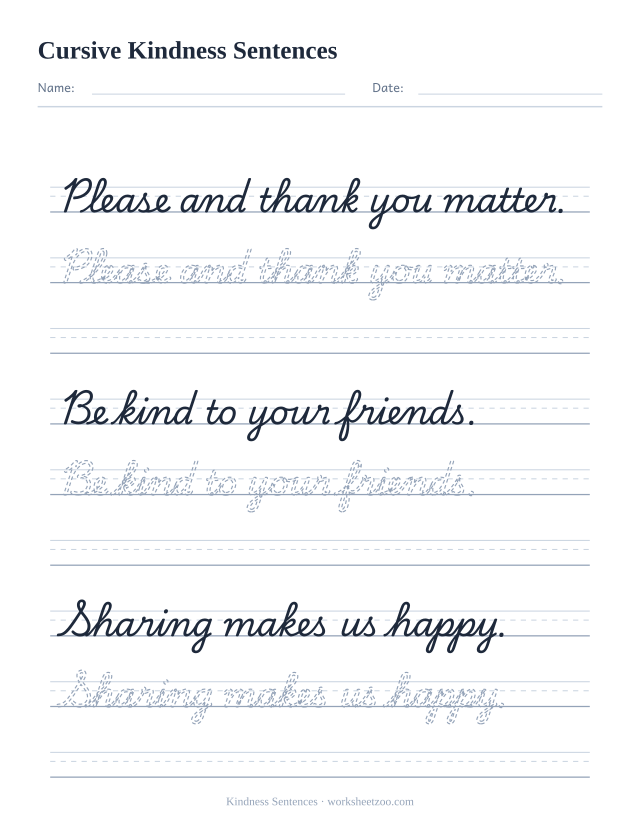 Cursive kindness sentences worksheet, trace three sentences about manners and sharing