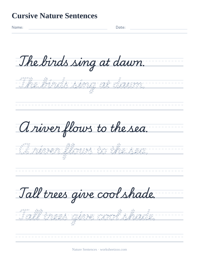Cursive nature sentences worksheet, trace three sentences about birds, rivers and trees