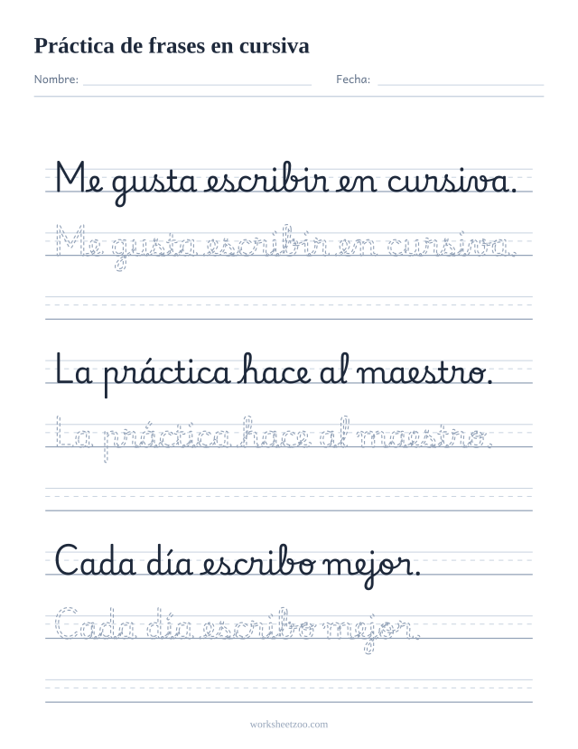 Ficha de práctica de frases en cursiva con tres oraciones para trazar y copiar