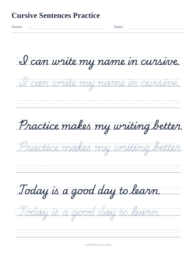 Cursive sentences practice worksheet with three everyday sentences to trace and copy