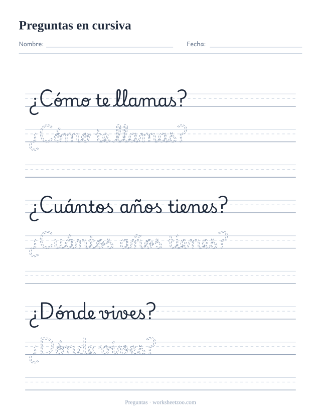 Ficha de preguntas en cursiva: tres preguntas cotidianas con sus signos de interrogación