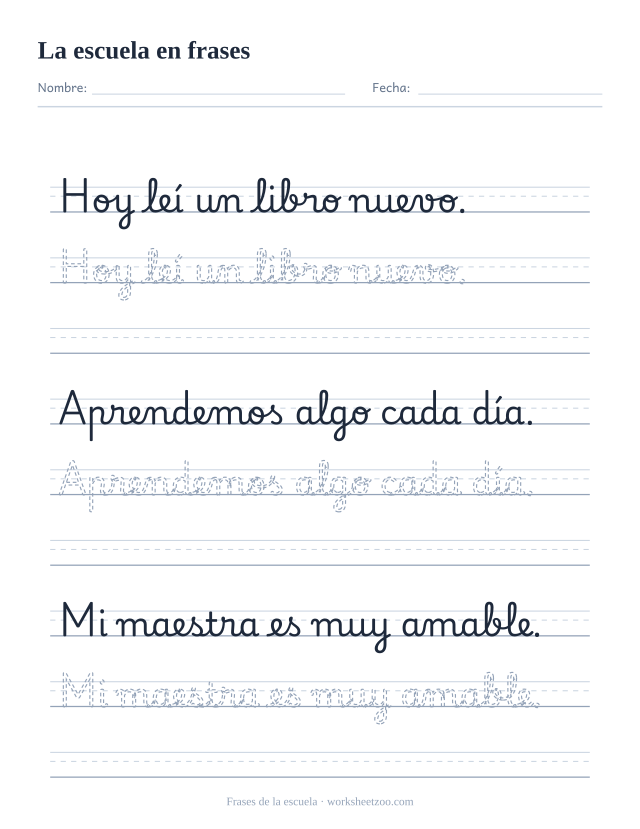 Ficha de frases de la escuela en cursiva: leer, aprender y la maestra