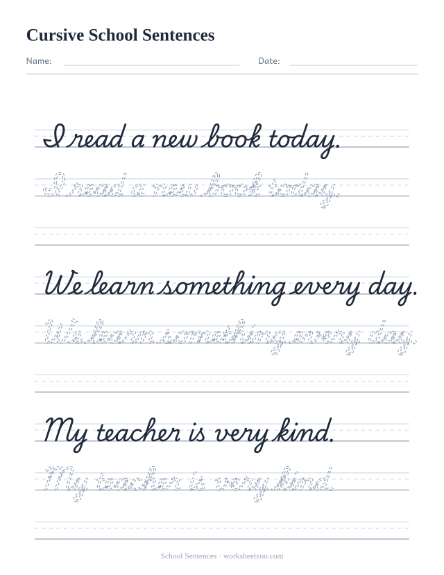 Cursive school sentences worksheet, trace three sentences about reading and learning