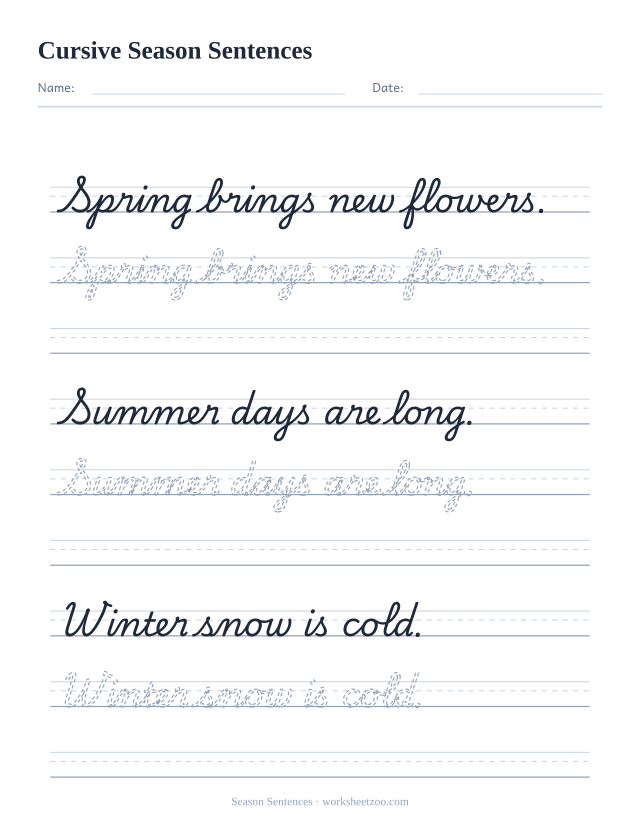 Cursive season sentences worksheet, trace three short sentences about spring, summer and winter