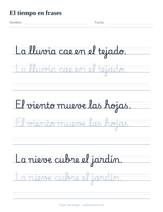 Ficha de frases del tiempo en cursiva: la lluvia, el viento y la nieve