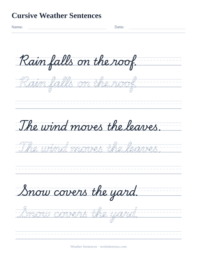 Cursive weather sentences worksheet, trace three sentences about rain, wind and snow