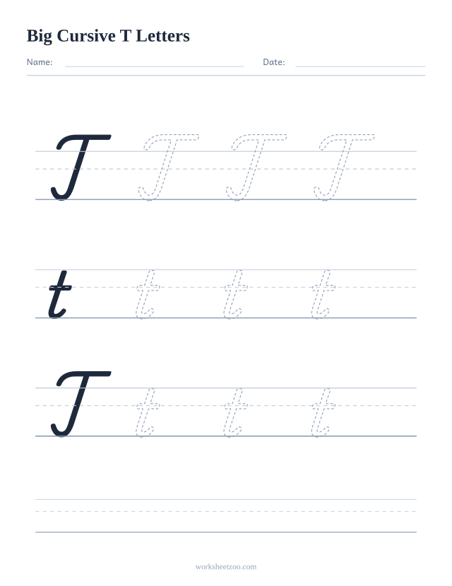 Big cursive letter T worksheet with extra-large tracing practice