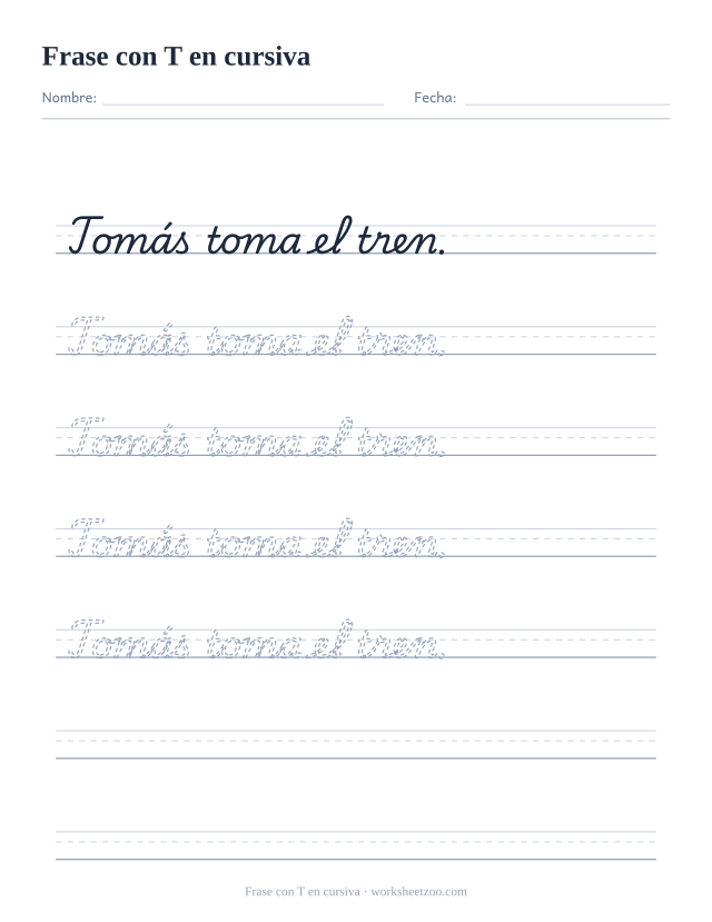Ficha de frase con la T en cursiva: Tomás toma el tren.