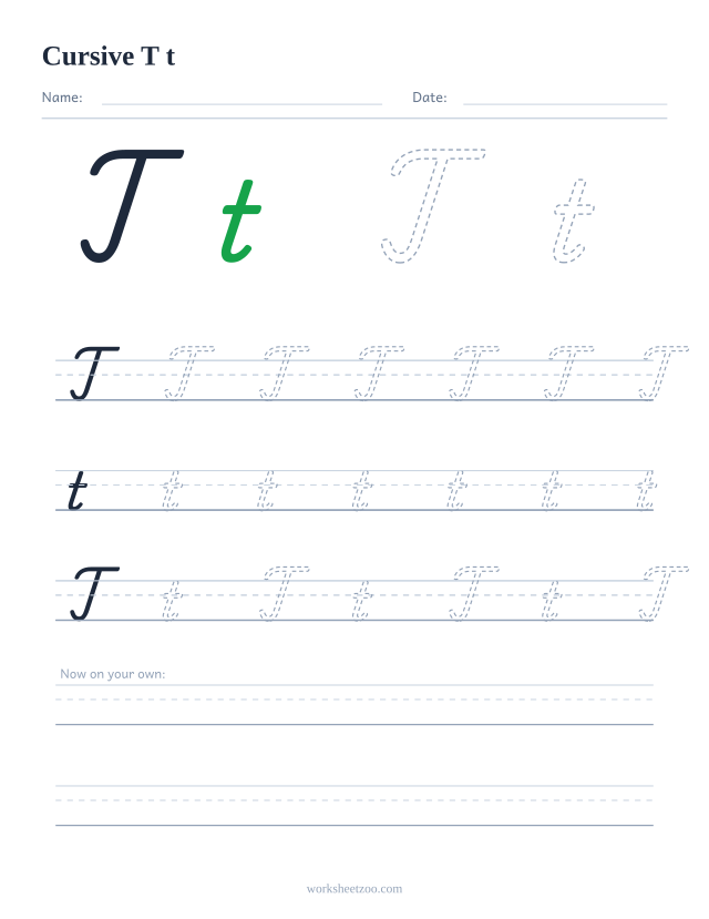 Cursive letter T worksheet — uppercase and lowercase practice on handwriting guides