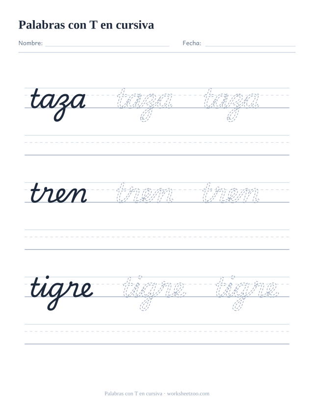 Ficha de palabras con la T en cursiva: taza, tren, tigre