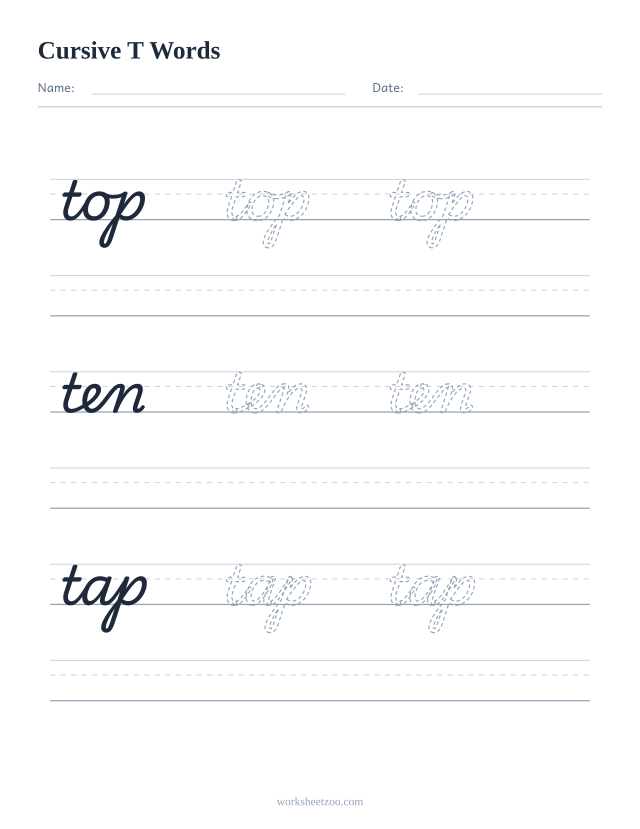Cursive T words worksheet — trace top, ten, tap in cursive
