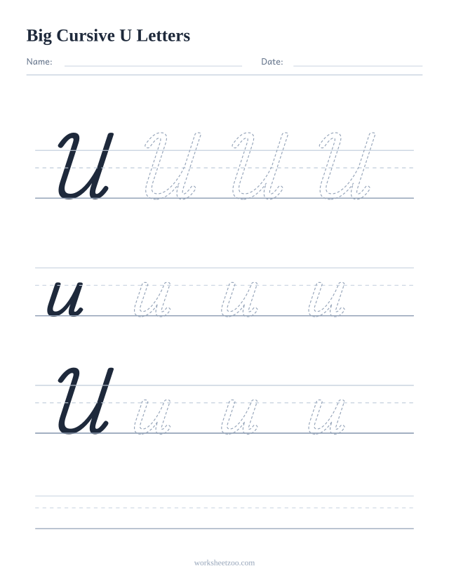 Big cursive letter U worksheet with extra-large tracing practice