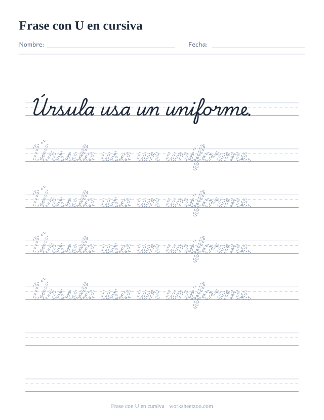 Ficha de frase con la U en cursiva: Úrsula usa un uniforme.