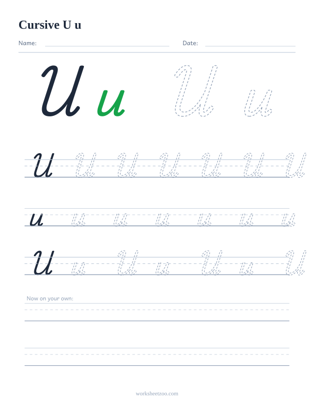Cursive letter U worksheet — uppercase and lowercase practice on handwriting guides