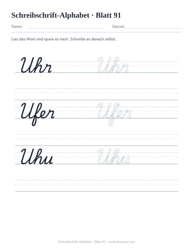 Vorschau: Schreibschrift-Alphabet, druckbares Arbeitsblatt 91