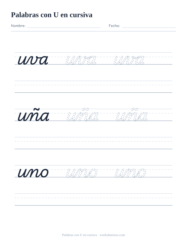 Ficha de palabras con la U en cursiva: uva, uña, uno