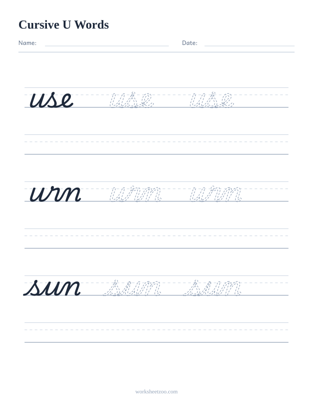 Cursive U words worksheet — trace use, urn, sun in cursive