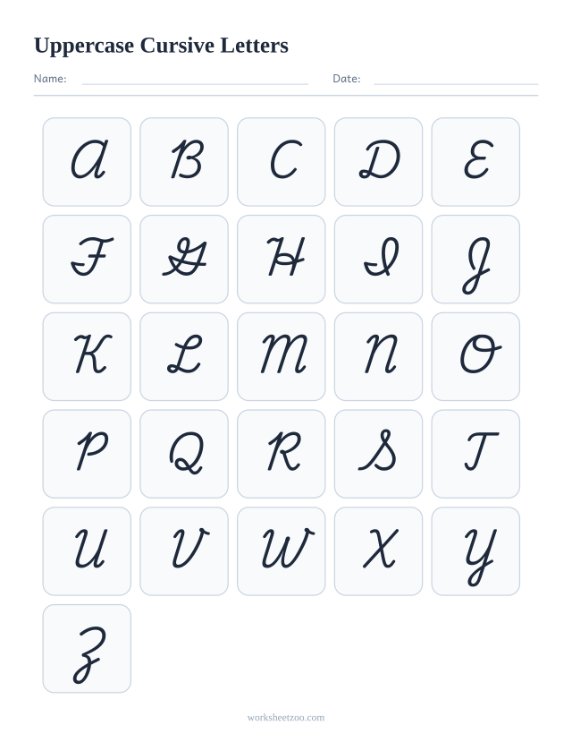 Uppercase cursive alphabet chart from A to Z