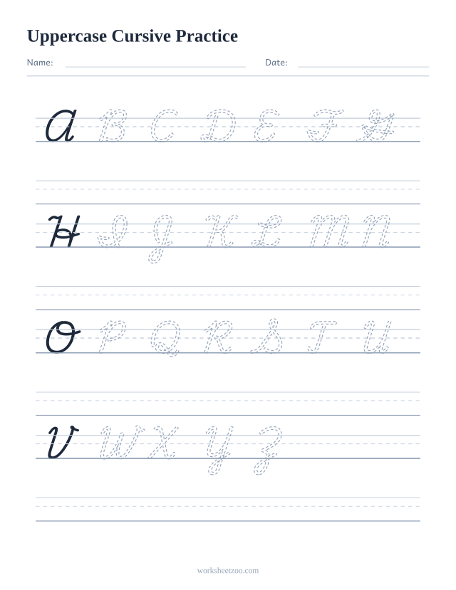 Uppercase cursive practice worksheet with dashed letters and free rows