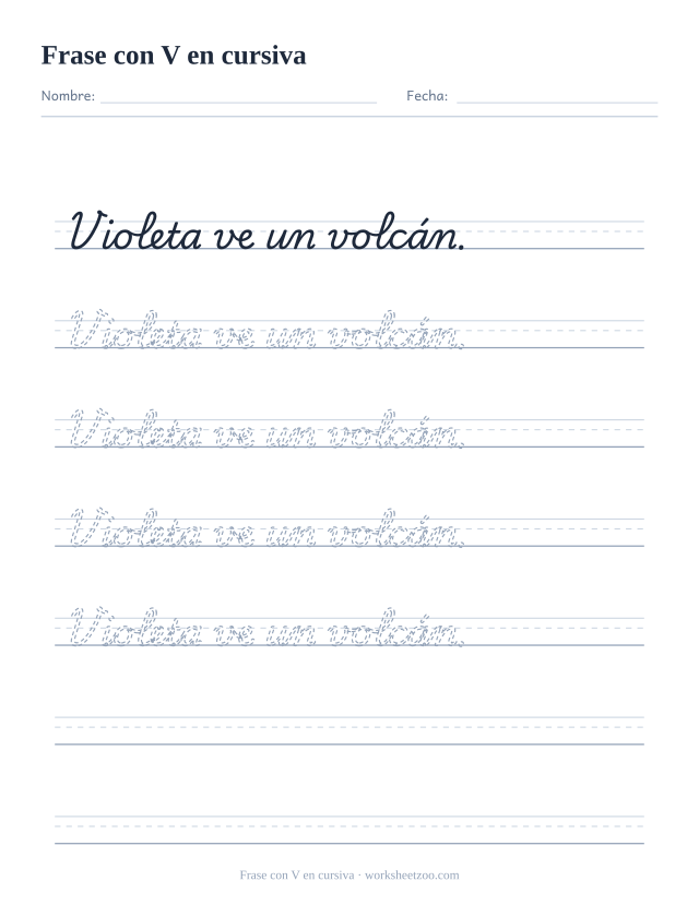 Ficha de frase con la V en cursiva: Violeta ve un volcán.