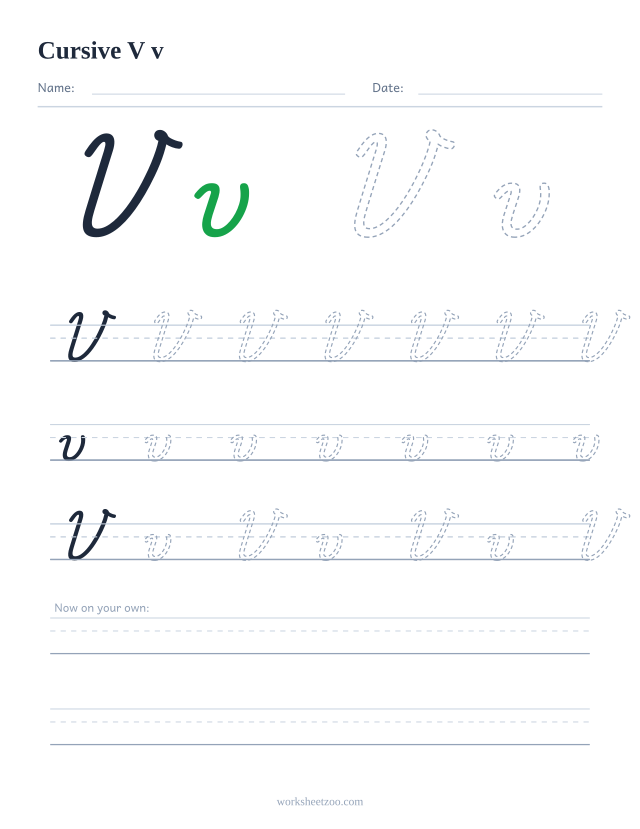 Cursive letter V worksheet — uppercase and lowercase practice on handwriting guides