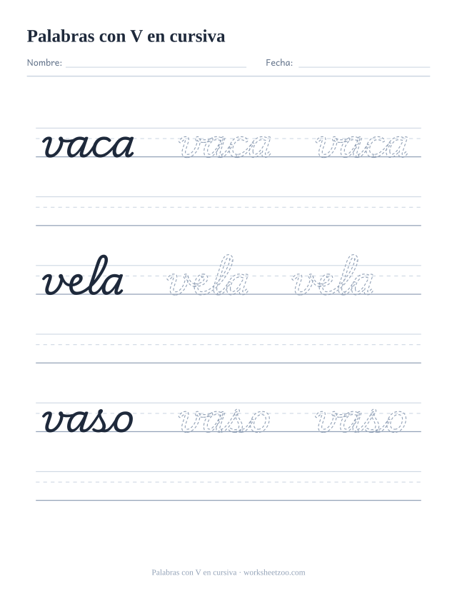 Ficha de palabras con la V en cursiva: vaca, vela, vaso