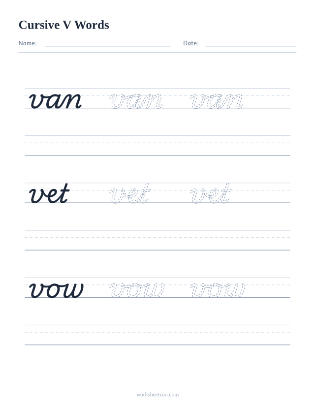 Cursive V words worksheet — trace van, vet, vow in cursive