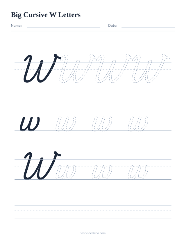 Big cursive letter W worksheet with extra-large tracing practice