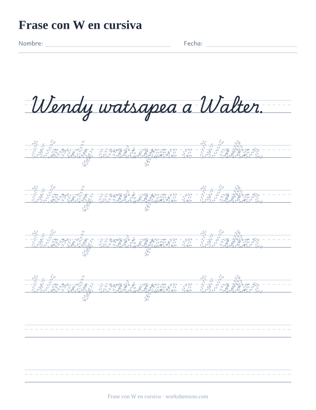Ficha de frase con la W en cursiva: Wendy watsapea a Walter.