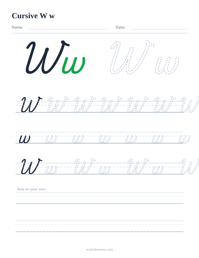 Cursive letter W worksheet — uppercase and lowercase practice on handwriting guides