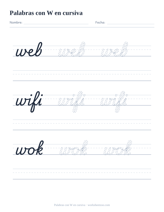 Ficha de palabras con la W en cursiva: web, wifi, wok