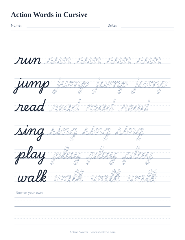 Cursive action words worksheet, trace run, jump, read, sing, play and walk