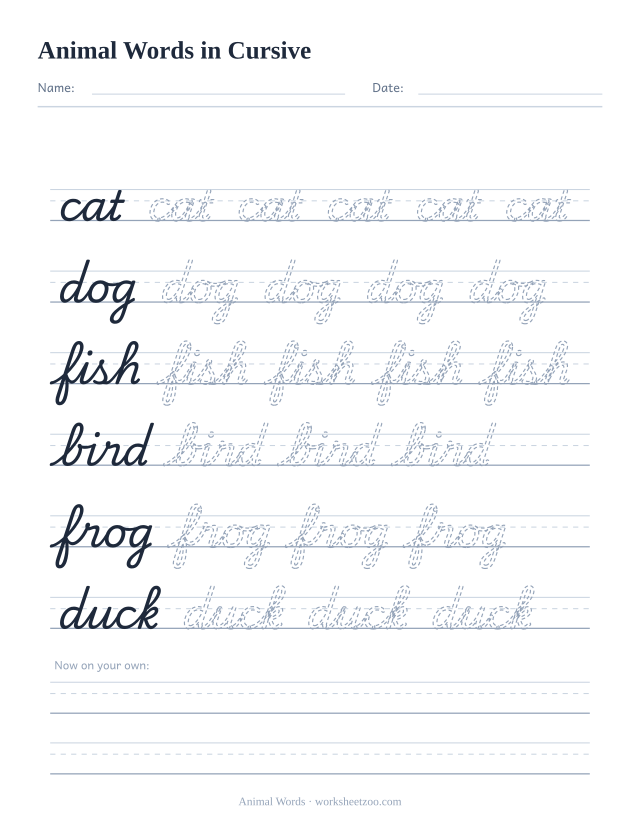 Cursive animal words worksheet, trace cat, dog, fish, bird, frog and duck on guides