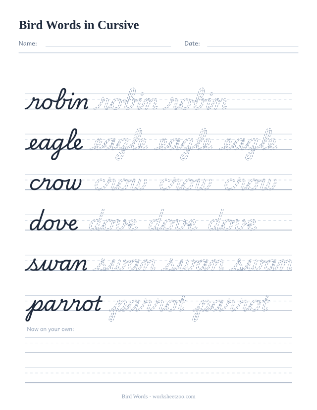 Cursive bird words worksheet, trace robin, eagle, crow, dove, swan and parrot